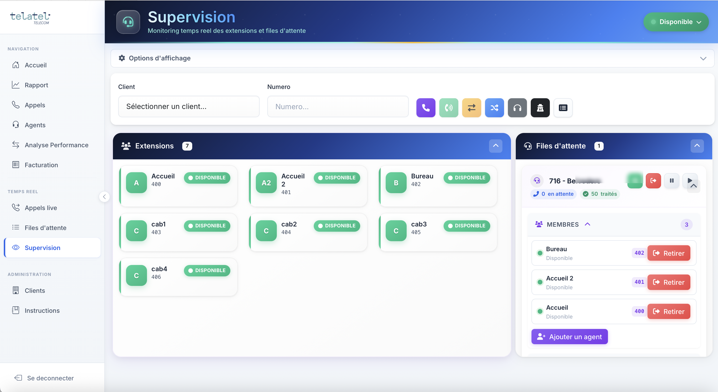 Vue supervision Telatel Telecom : extensions en temps réel, files d'attente, agents disponibles, monitoring live