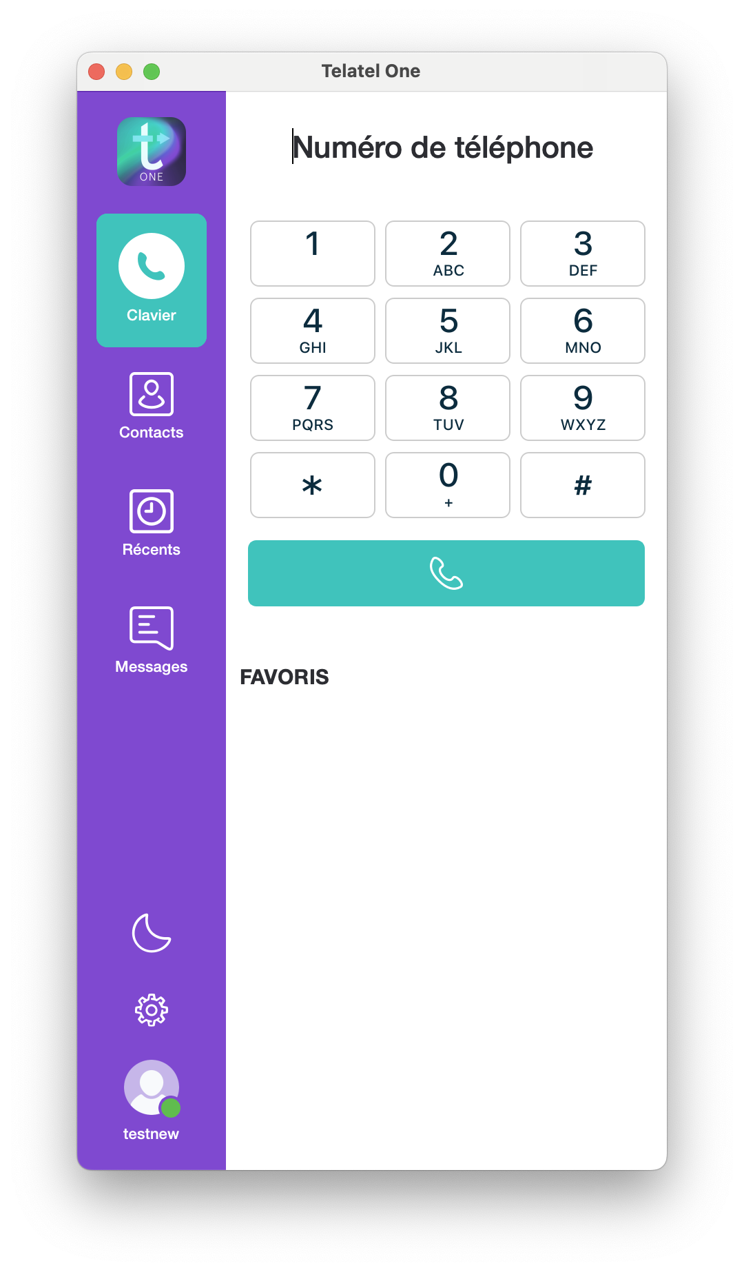 Capture de l'application TelatelOne sur macOS : clavier numérique, sidebar Clavier/Contacts/Récents/Messages, bouton d'appel, favoris